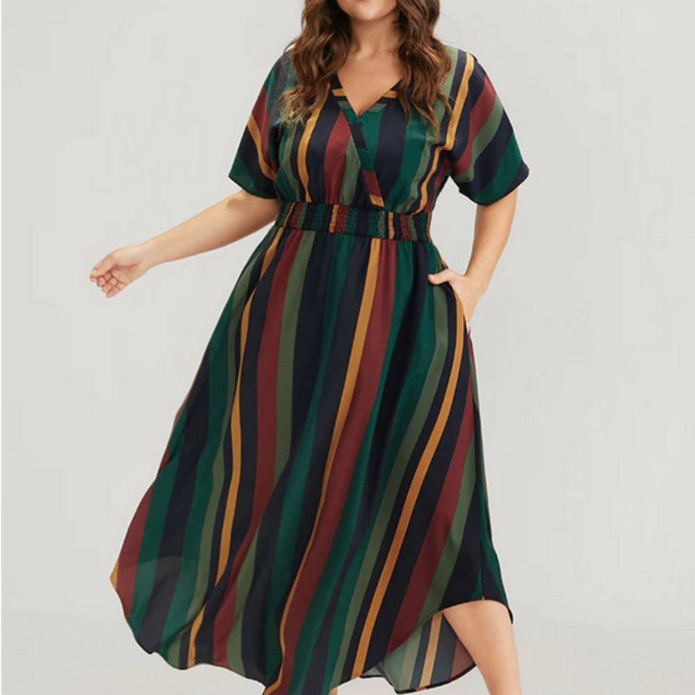 Striped Dolman Sleeve Pocket Shirred Flutter Wrap Dress